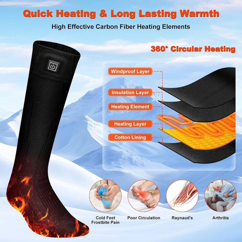 YOHELK Heated Socks,7.4V 3200mAh Rechargeable Electric Socks for Men Women with 3 Heating Levels, Thermal Socks with Button Control for Ski Hunting Cycling Camping Hiking(Black) - Image 3